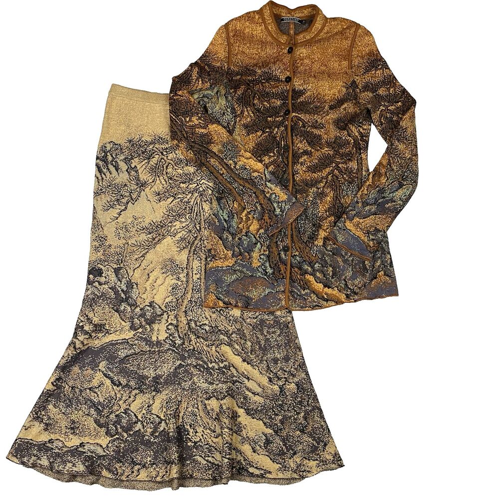 Peruvian Connection Pima Cotton Cardigan Skirt Set M Scenic Art Knit Peru Read